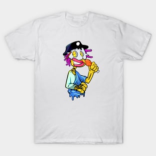 Dope Slluks character mask man eating a chicken leg illustration T-Shirt